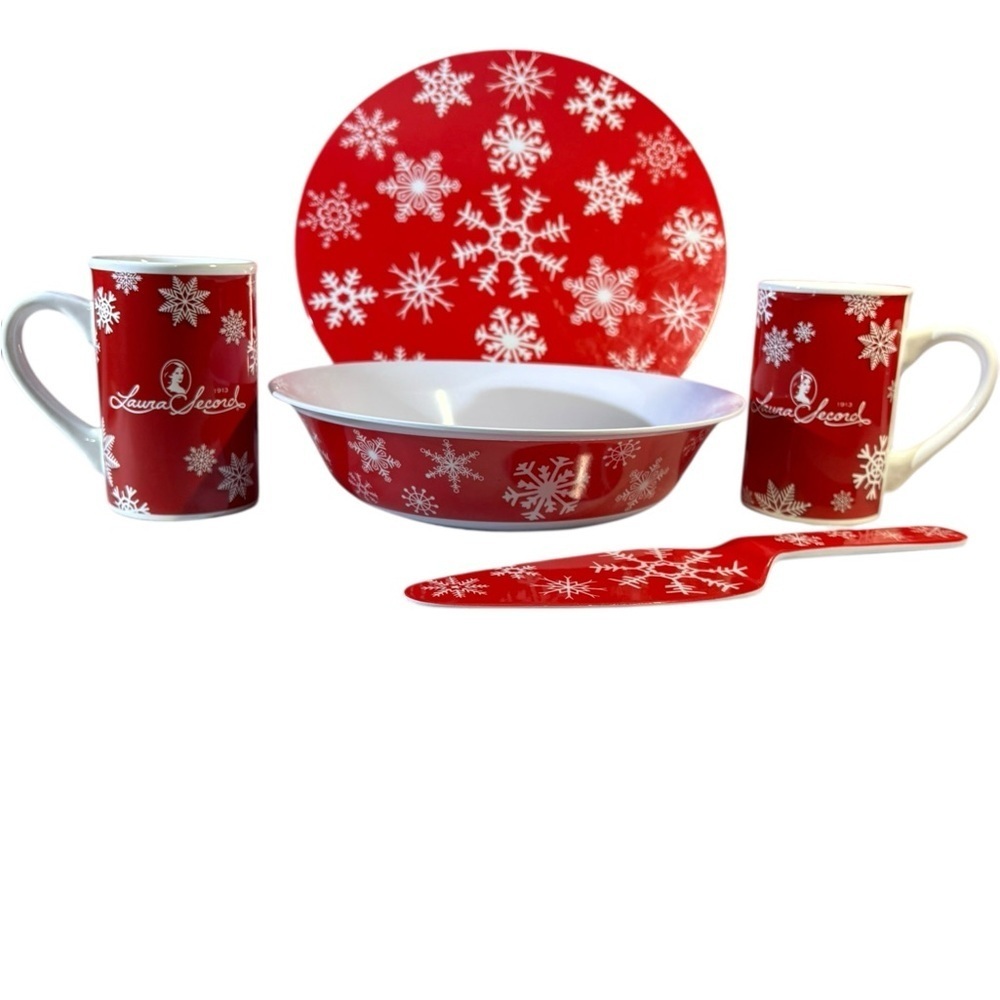 Laura Secord Mugs, Christmas Snowflake Dinnerware Set, Red and White.